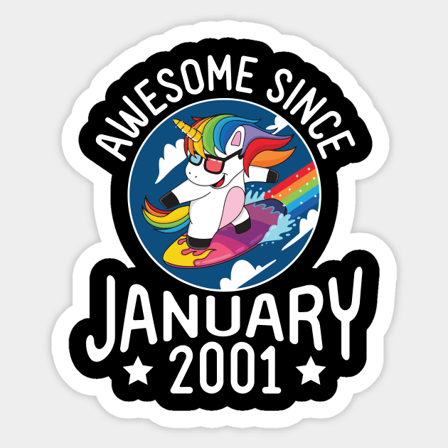 Unicorn Surfing Awesome Since January 2001 Happy Birthday 20 Years Old To Me Dad Mom Son Daughter Sticker by DainaMotteut